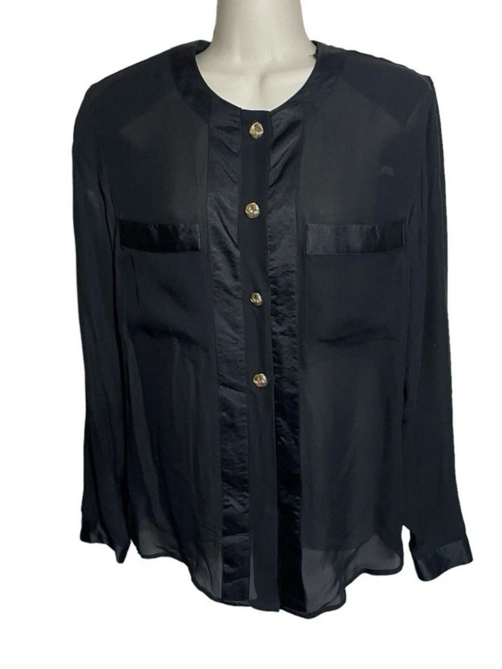 Womens Henri Bender Black Silk Blouse Sz 4 Dress Top Button Down Blouse